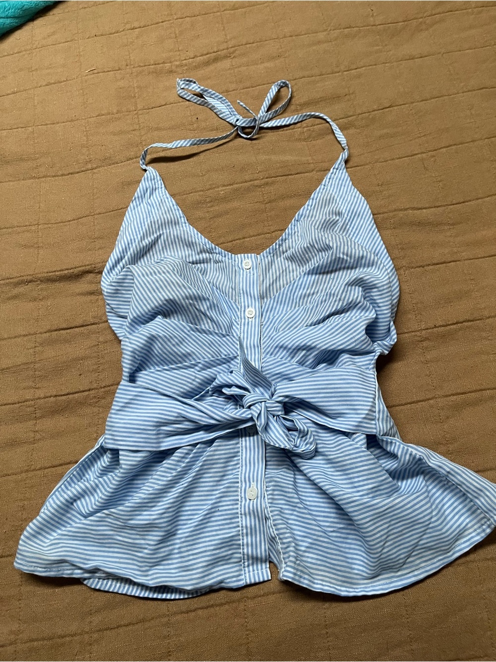 Light Blue Striped Halter Tie-Front/Back Top